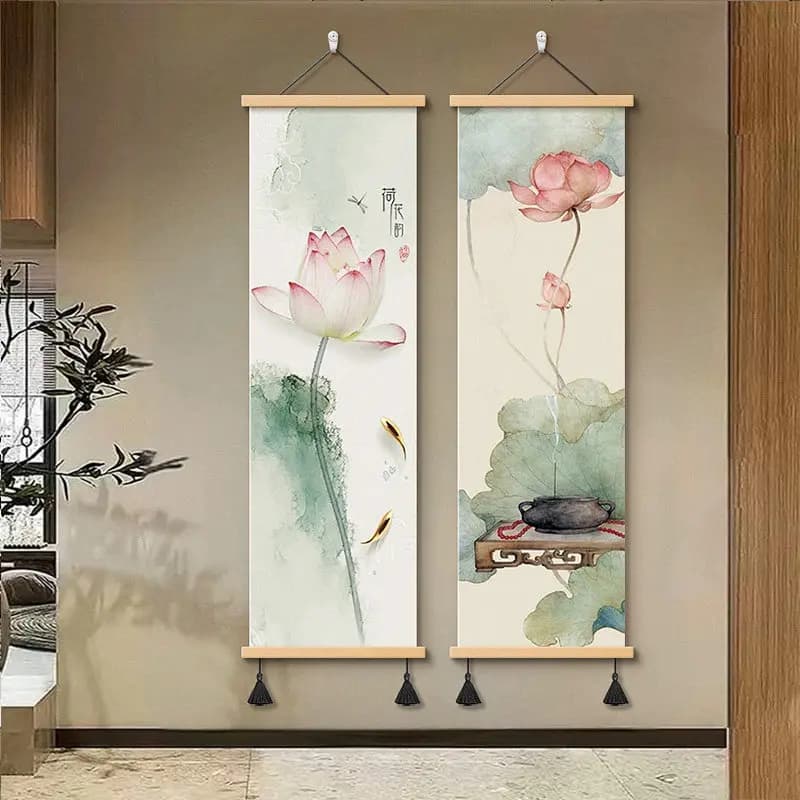 Zen Wall Decor Scroll Aesthetic Lotus Ink Painting for Meditation Room Reiki Space Hallway Serene Vibes Healing Sanctuary