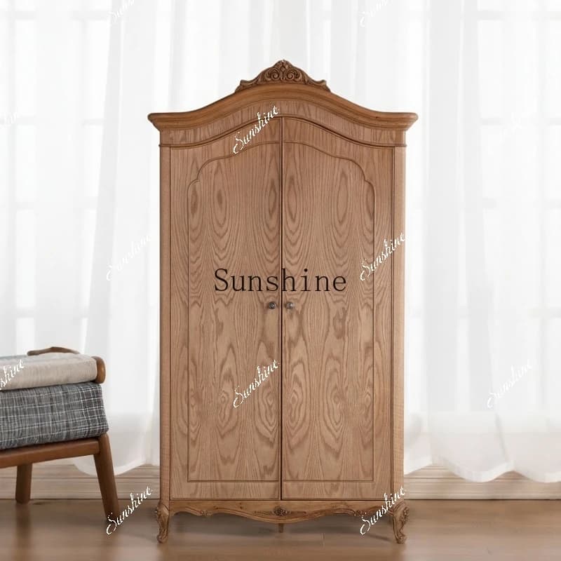 American country carved solid wood wardrobe double door retro old bedroom storage  FT