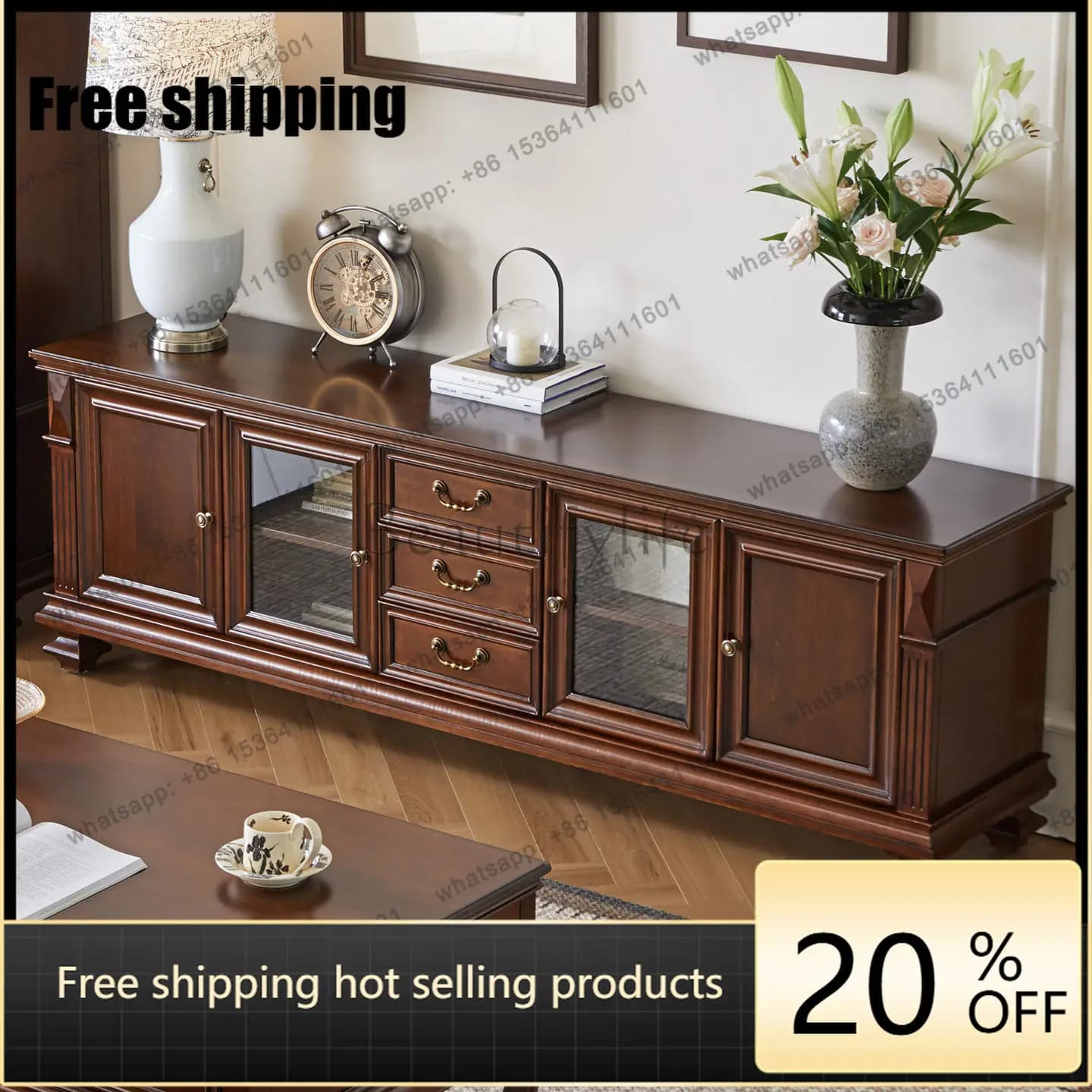 XX American country solid wood TV cabinet living room home pure log furniture combination light luxury retro