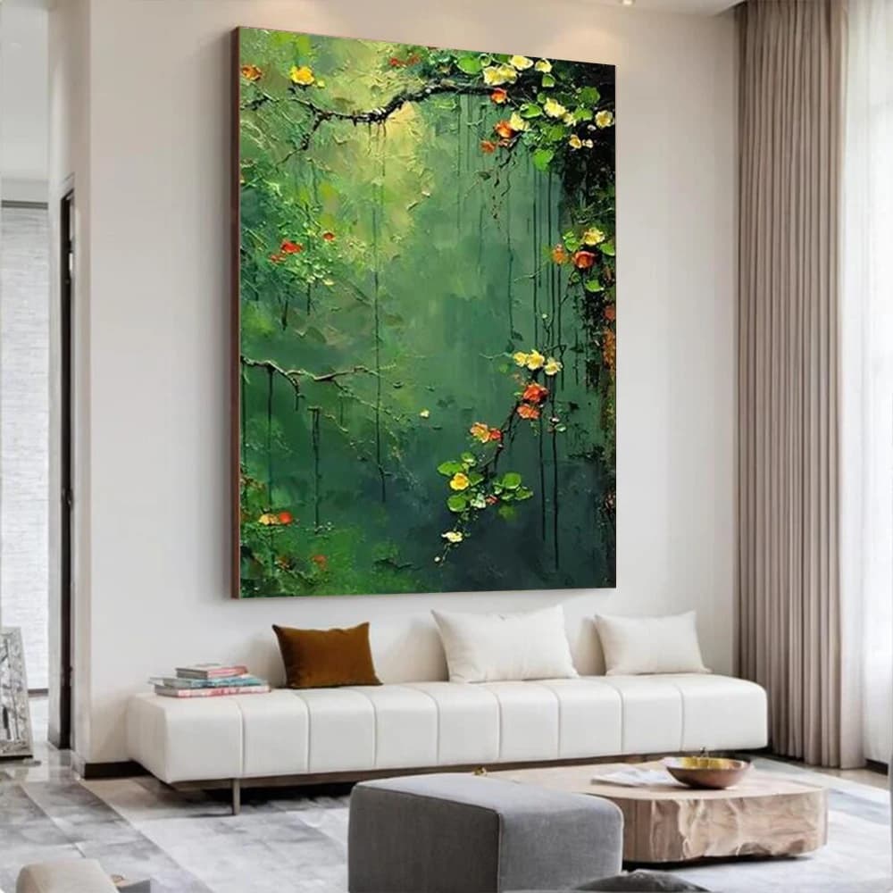Abstract Lush Jungle Landscape Oil Painting on Canvas, Large Original Color Textured Flower Wall Art, Custom Modern Living Room