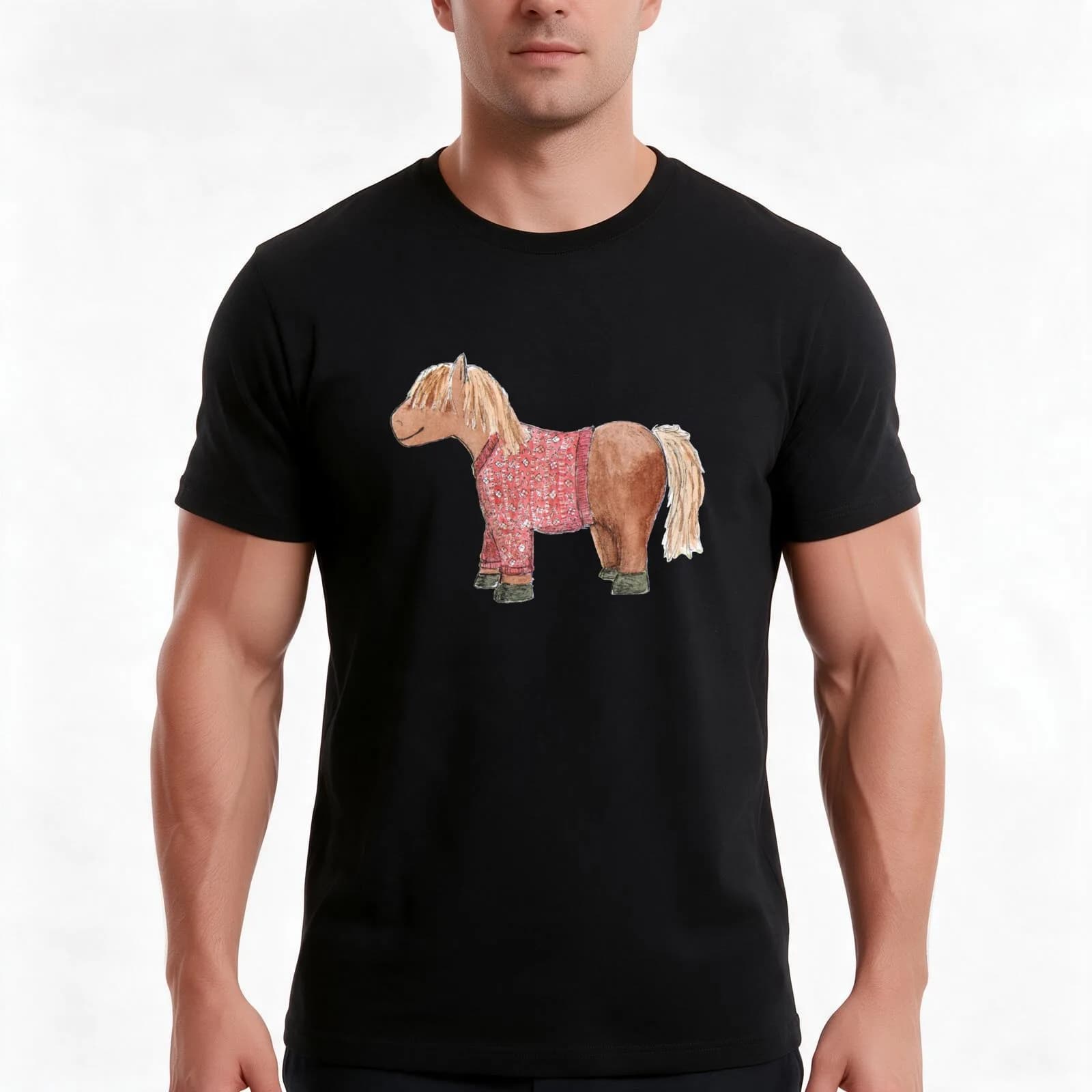 Pony in a Sweater T-Shirt, Summer Casual Cotton Tee, Oversized Streetwear Tops, Vintage Graphic Print, Loose Fit Short Sleeve