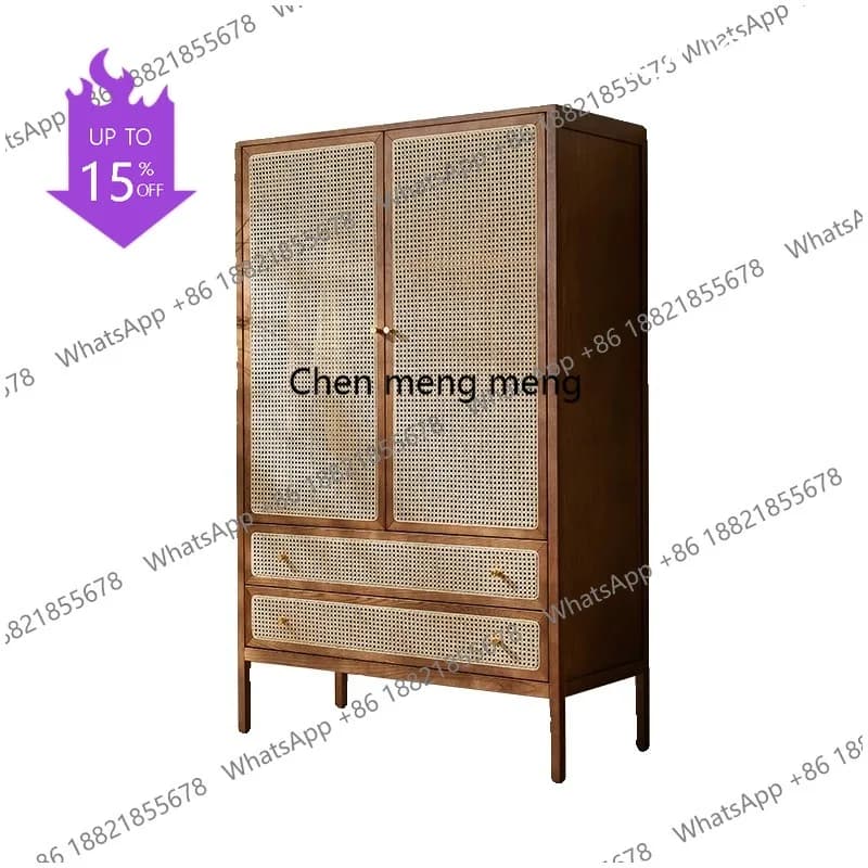 Q181 Nordic solid wood rattan wardrobe storage locker retro cabinet B & B bedroom double door coat cabinet