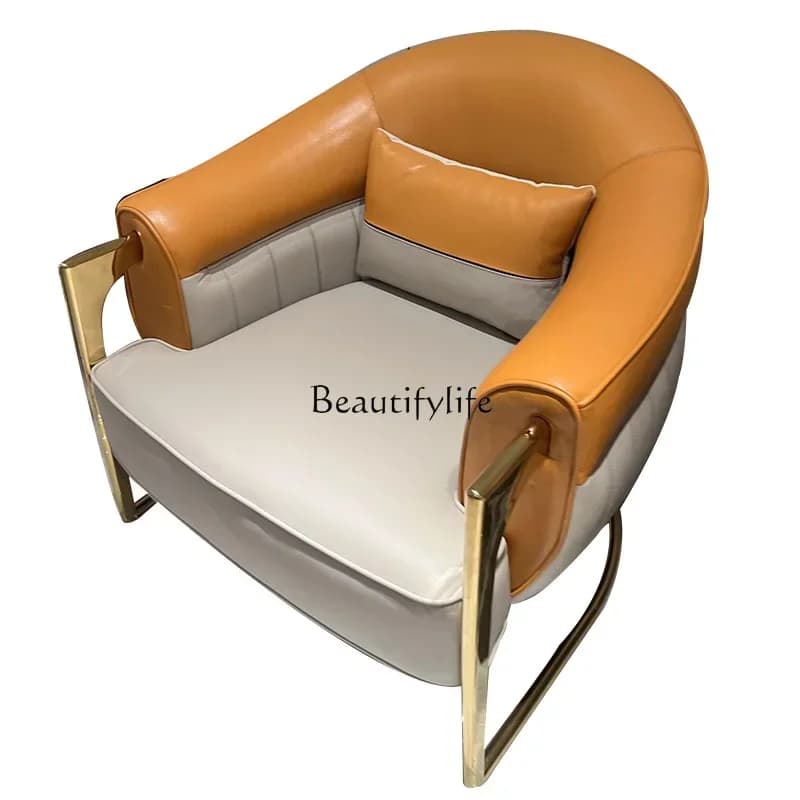 55Italian light luxury leather leisure chair villa suite stainless steel craft table sofa chair
