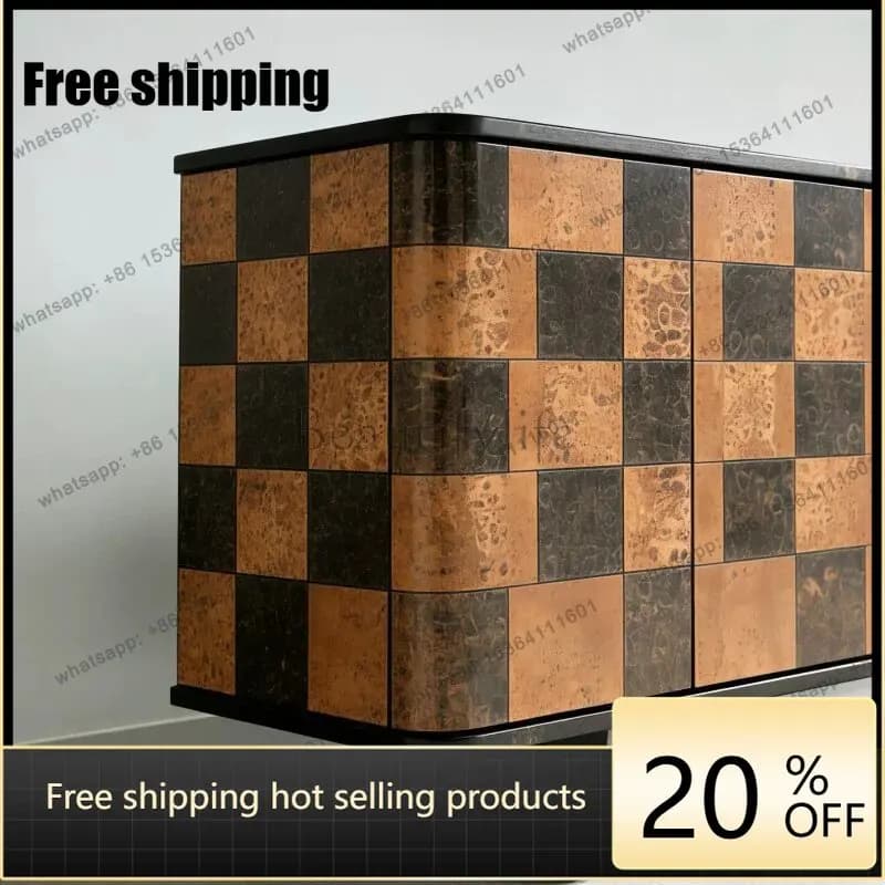 Factory Direct Medieval Solid Wood Tumor Bark Side Cabinet Retro Style Checkerboard Locker