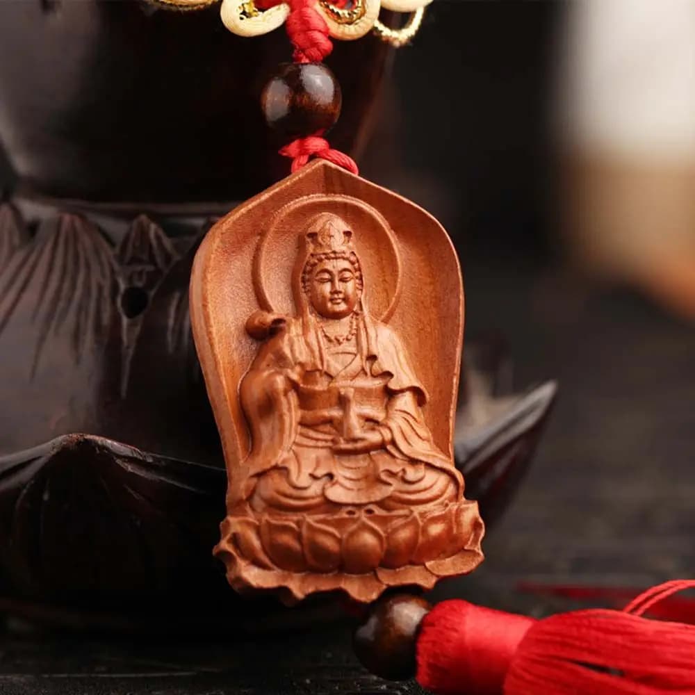 Peach Wood Rearview Mirror Pendant Car Decoration Lotus Guanyin Car Pendant Guanyin Pendant Interior Accessories Car Ornaments