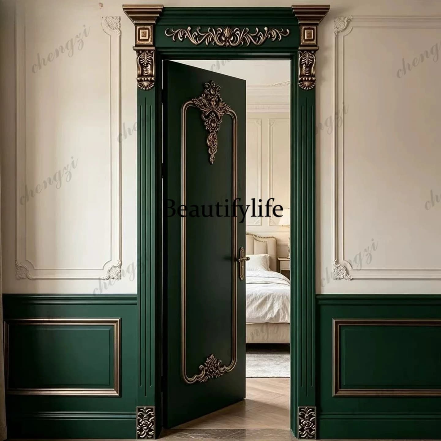 Villa carved interior custom white luxury drawing gold silver blue green solid wood multi-layer casement bedroom home paint door