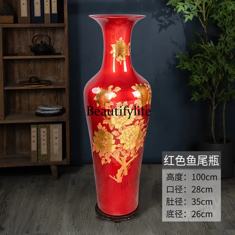 Jingdezhen Ceramic Chinese Red Peony Floor-to-ceiling Large Vase Living Room Hotel Decorative Ornament