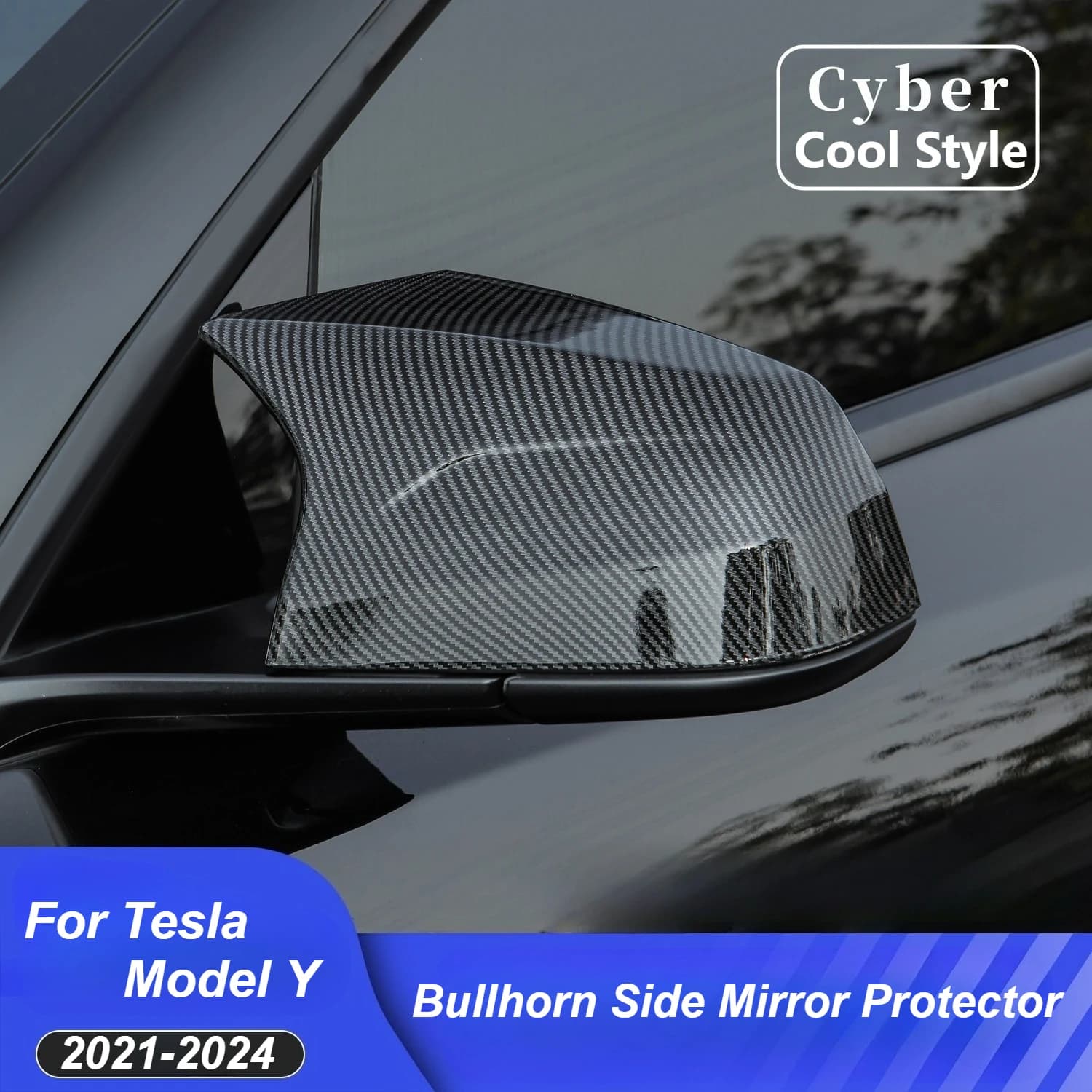 2Pcs Bullhorn Side Mirror Protector Covers for Tesla Model Y 2021-2024, Cyber Style Wear Resistant Scratch Proof Decorative Caps