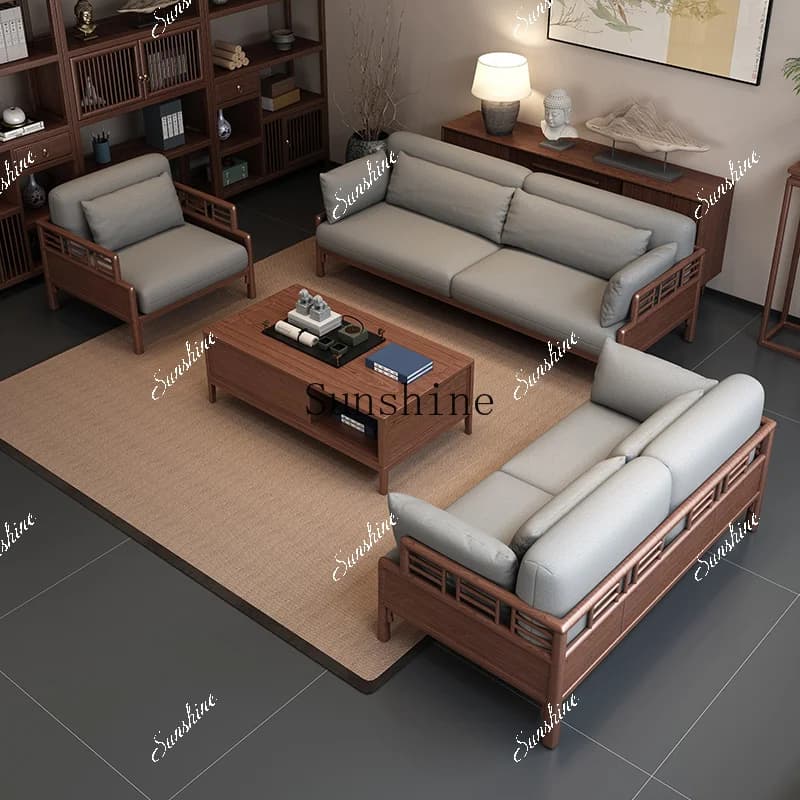 High-end walnut living room small apartment simple fabric solid wood sofa combination FT