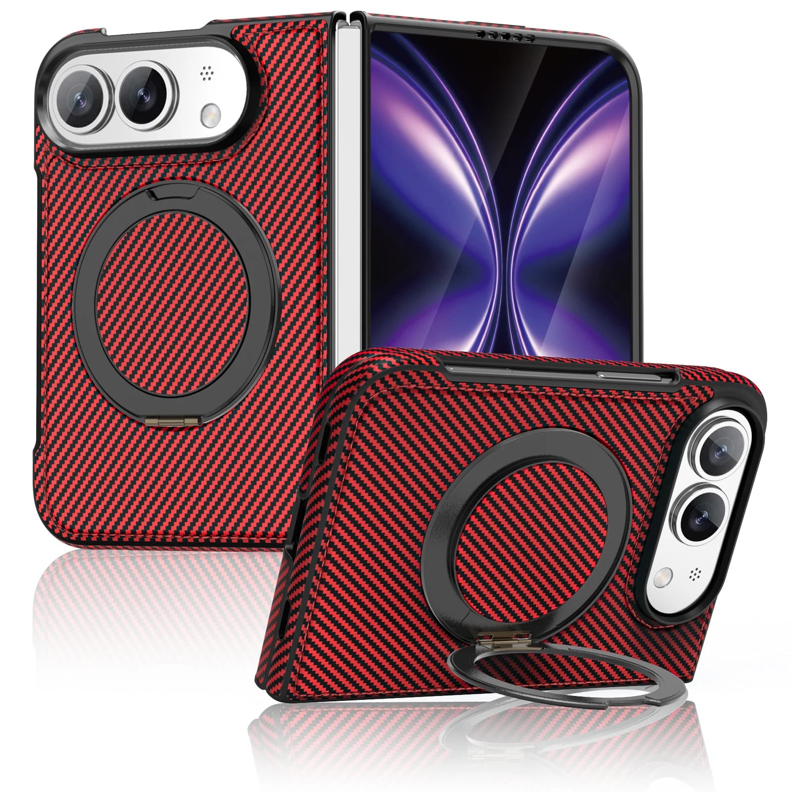 For iPhone Duo Case Luxury Carbon Fiber Texture Magnetic 360 Rotating Ring Holder Shockproof Protection Back Cover Accessories