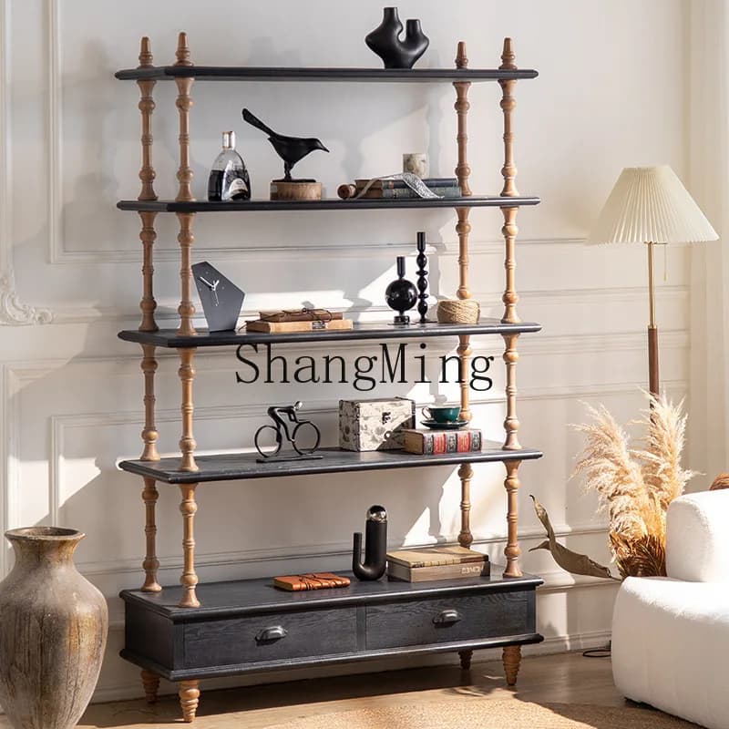 SM retro solid wood storage five-layer rack living room display cabinet with drawer simple flower stand hotel decorative cabinet