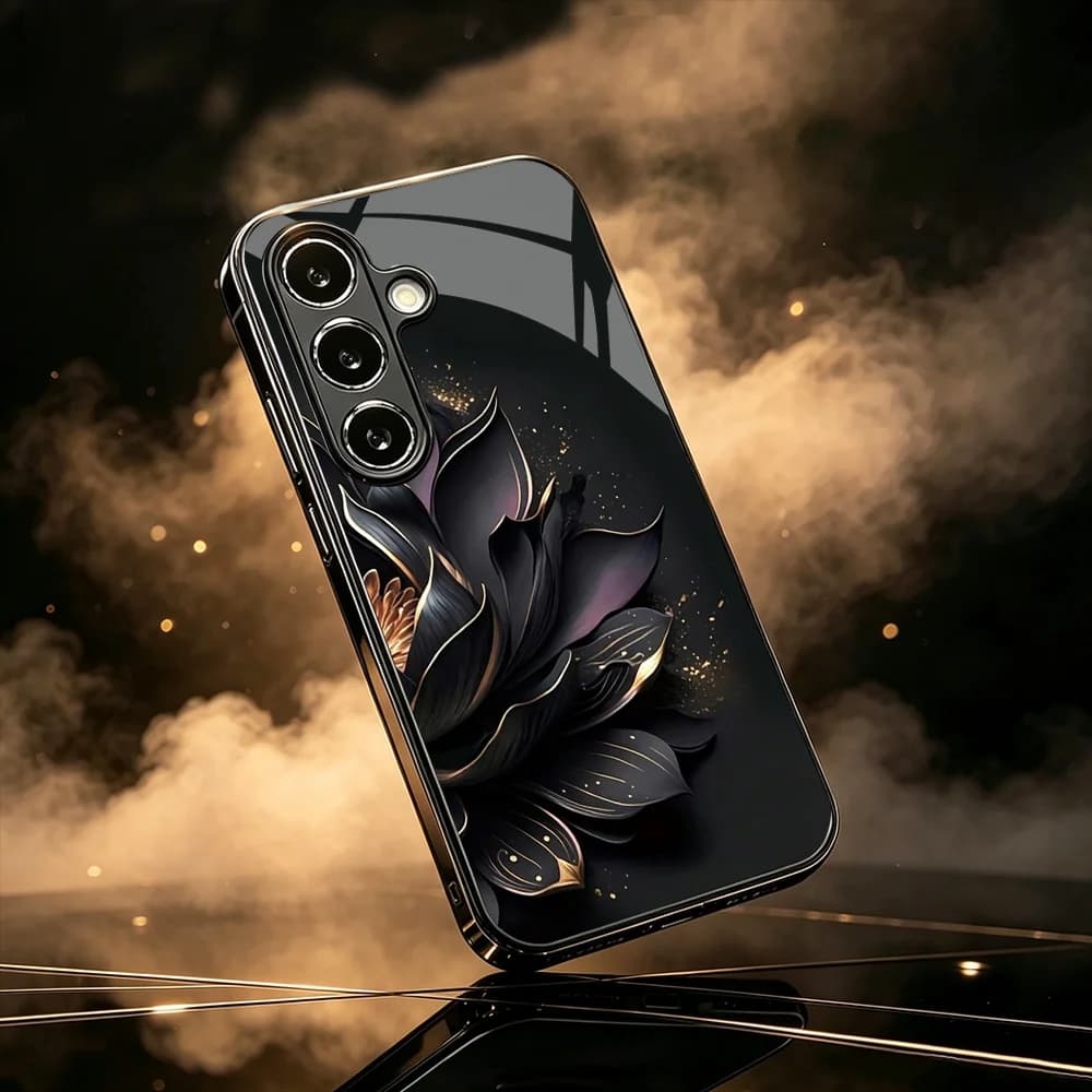 Fashion Black Gold Lotus Black Tempered Glass TPU phone case for Samsung Galaxy S26/S25/S24/S23/S22/S21 FE Ultra Plus Shockproof