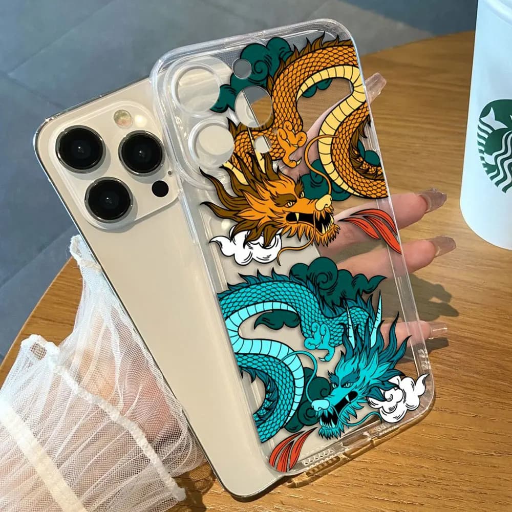 Cartoon Dragon Tiger Clear Phone Case For Samsung Galaxy S26 S25 S24 S23 S22 S21 S20 FE S10 PLUS ULTRA EDGE DIY Case Shell Funda
