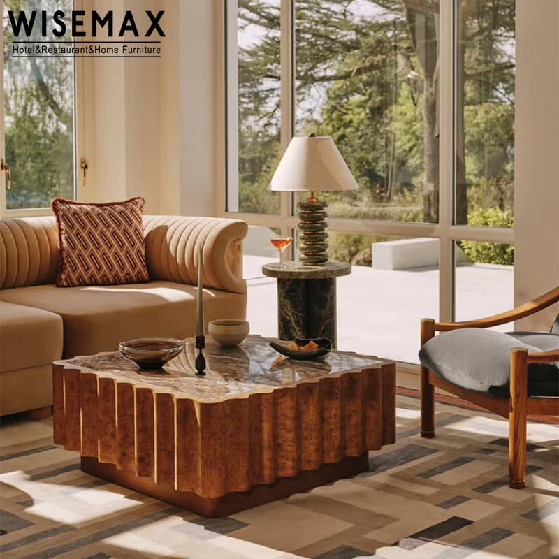 WISEMAX FURNITURE Italian Modern Style Natural Marble Top square Wooden Coffee Table Side Table Set for Living Hotel Cafe