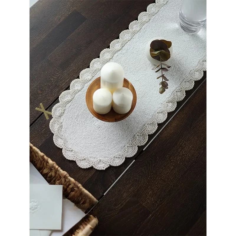 Round Lace White Retro Pearl Beads, Flower Coffee Mat Restaurant Ornament