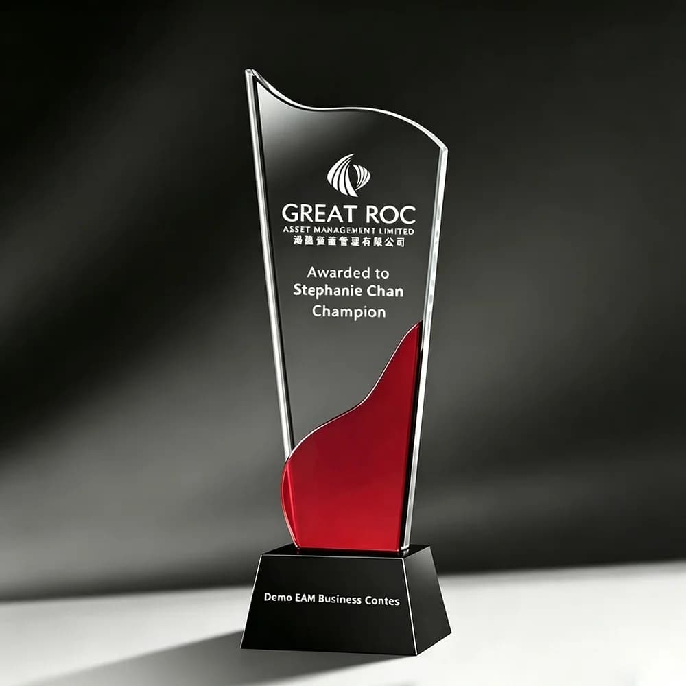 Custom Crystal Trophy Award Red Splicing Glass Plaque Personalized Engraved Logo Text Business Competition Souvenir Gift