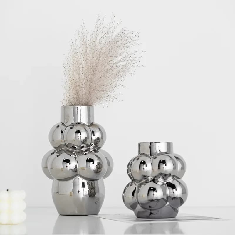 Silver Electroplated Bubble Ball Ceramic Flower Vase Viral Photo Prop Creative Floral Container Home Desktop Decor Wholesale