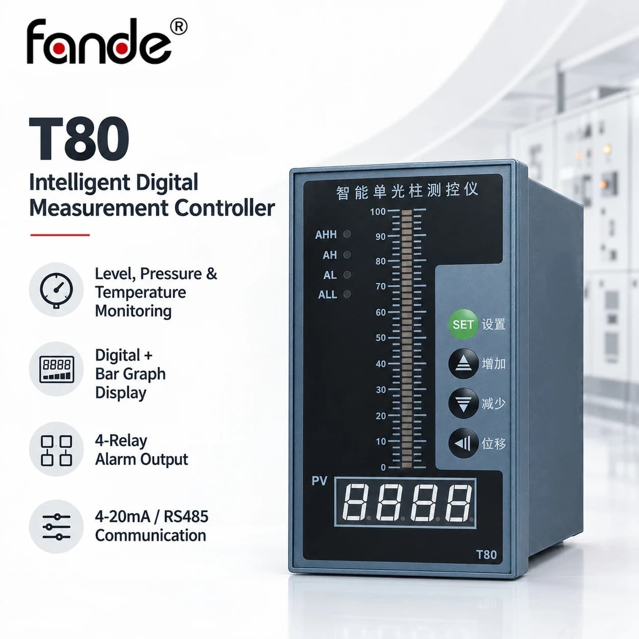 Digital Measurement Controller Water Level Pressure Temperature Indicator 0.2%FS 4 Relay 4-20mA RS485