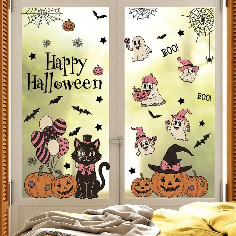 Happy Halloween Little Ghost Static Window Sticker, Cute Spooky Glass Decal, Festive Shop Window Home Indoor Party Wall Decor
