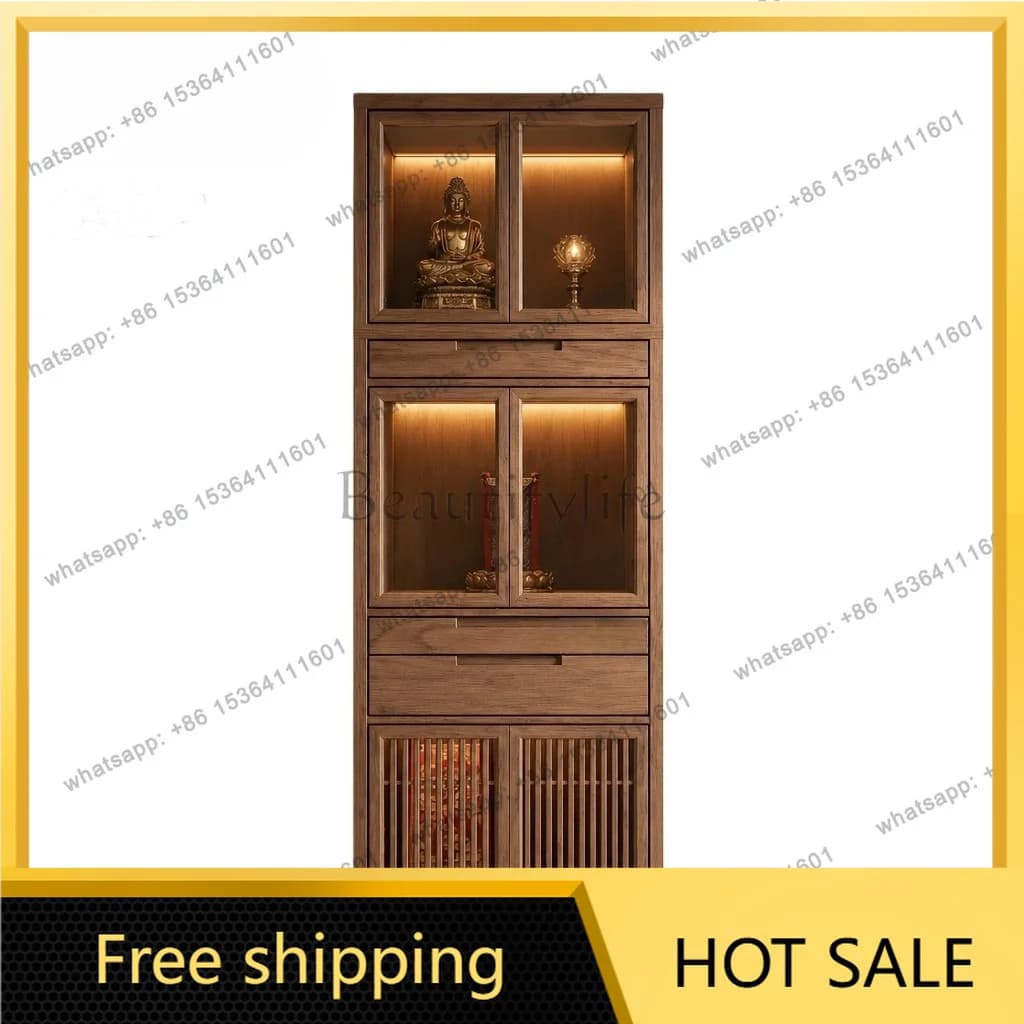 YJ Small Three‑Tier Solid Wood Standing Shrine Cabinet New Chinese Household Altar Cabinet For Guanyin Buddha Home Worship