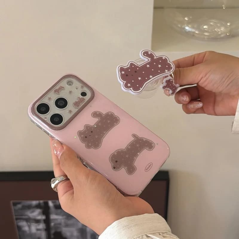 Korean Glitter Sequins Star Puppy Cartoon Phone Case For iPhone 17 Pro 16 15 14 Pro Max Cover with Stand Fashion Cute Protective