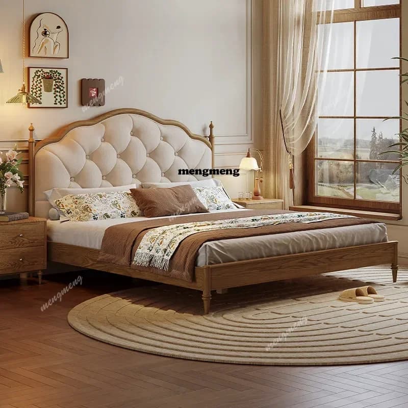 French retro full solid wood bed rubber wood soft bag double bed