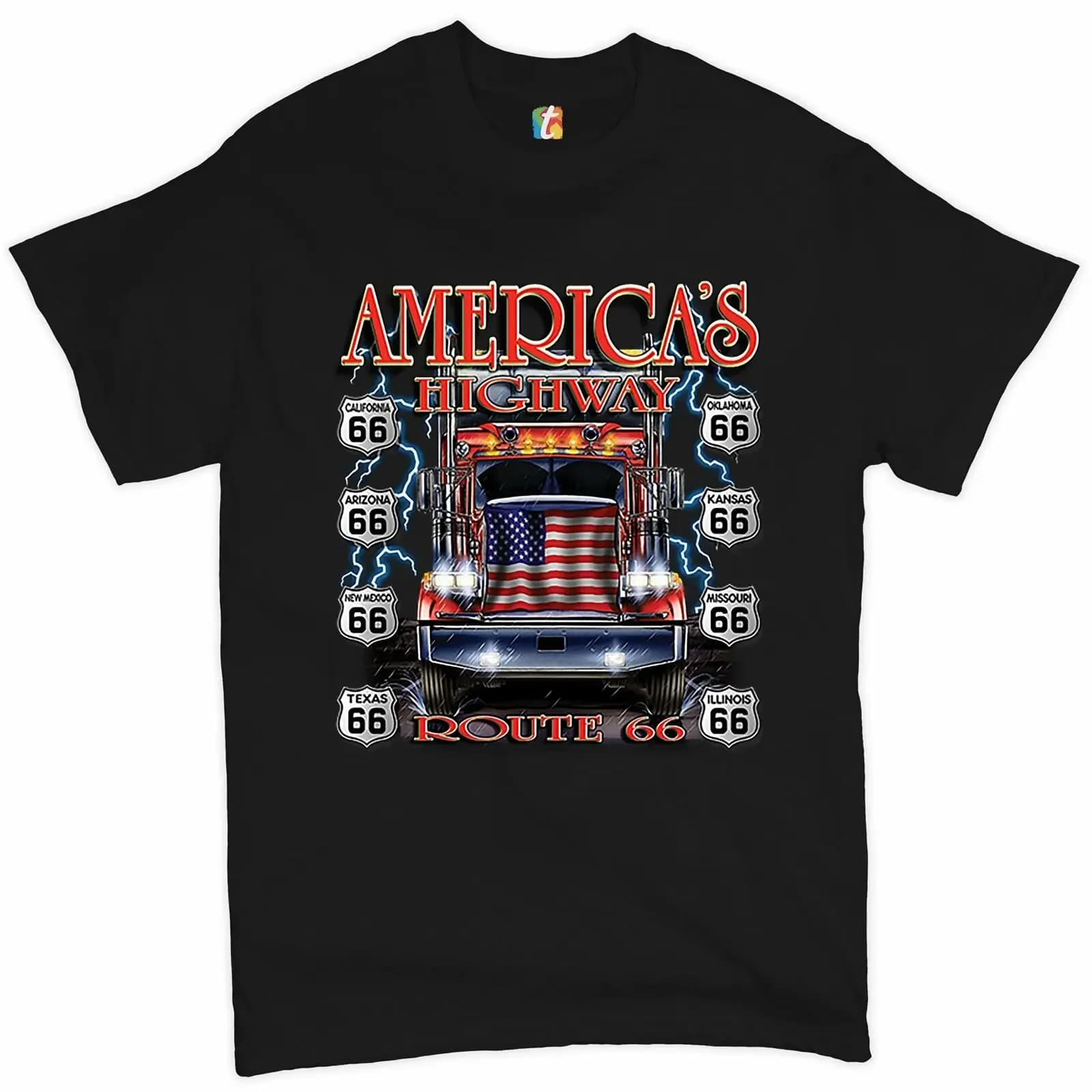 America's Highways Route 66  Truck American Flag Trucker Gift T-Shirt 100% Cotton O-Neck Summer Short Sleeve Casual Mens T-shirt