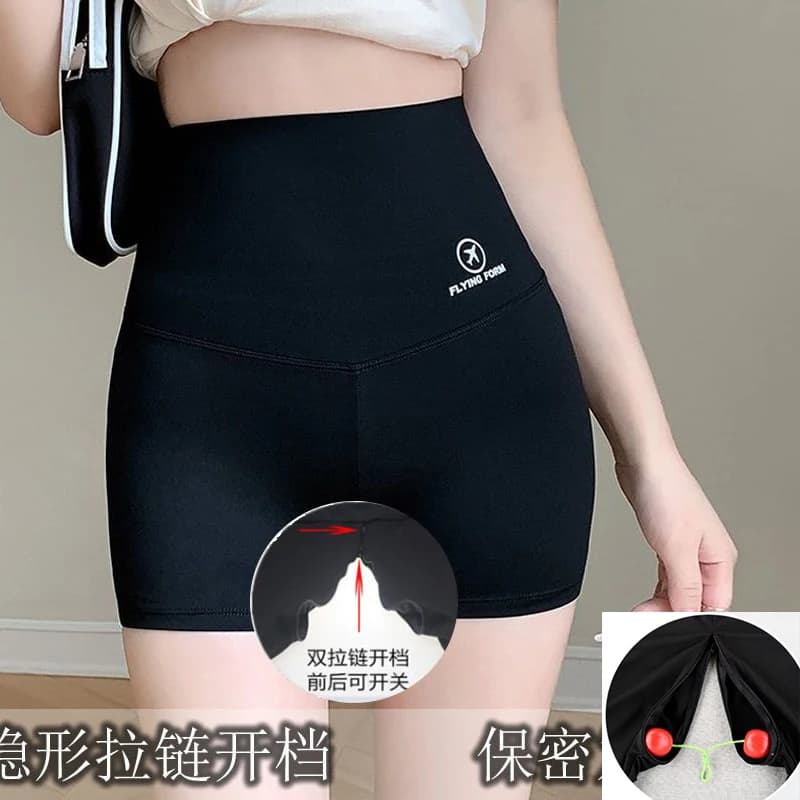 Sexy Invisible Zipper Open Crotch Yoga Shorts Fitness Sport Women Black Elastic Tight Shorts Bottoms