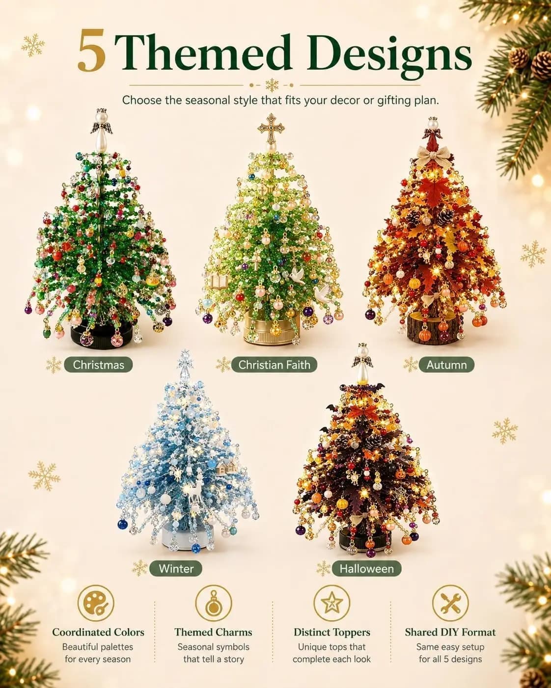 DIY Beaded Christmas Tree Kit, Handmade Mini Desk Xmas Bead Art (Blue)