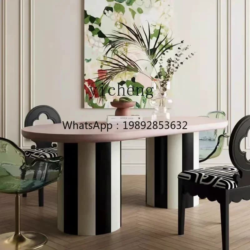 Dining Table Simple Modern Mid-Ancient Retro Pink Art Ellipse Dining Table Arc Solid Wood Dining Table