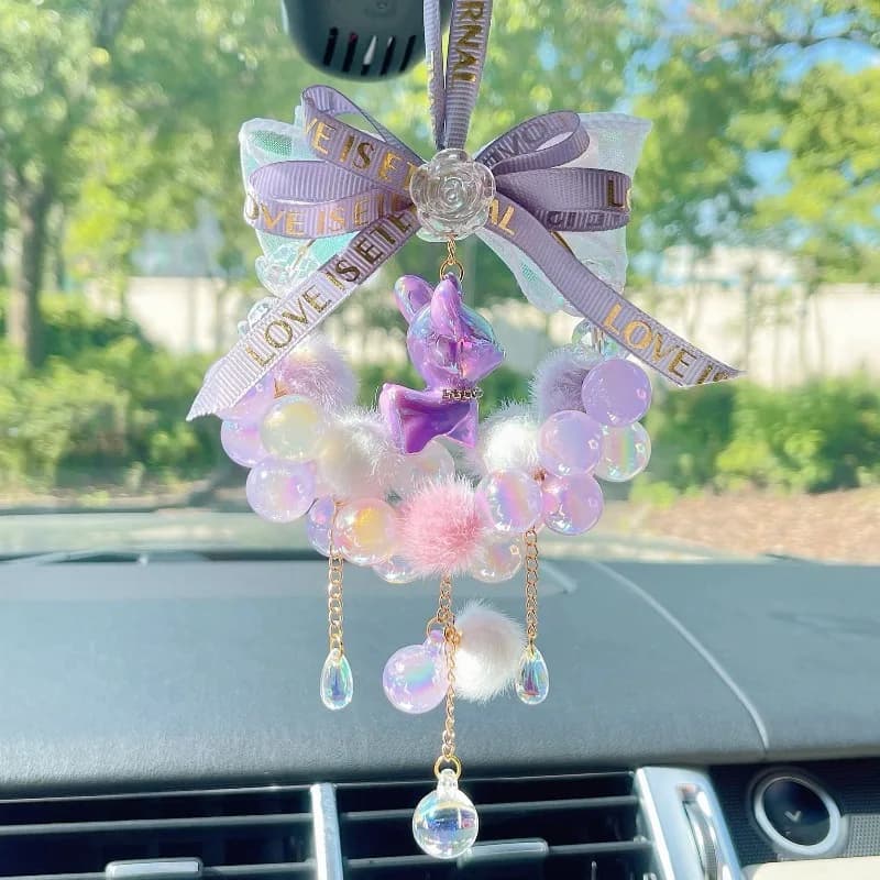 Cute Elk Deer Car Hanging Ornament Bubble Beads Bow Ribbon Pom Pom Car Rearview Mirror Pendant Lucky Auto Interior Charm Gifts