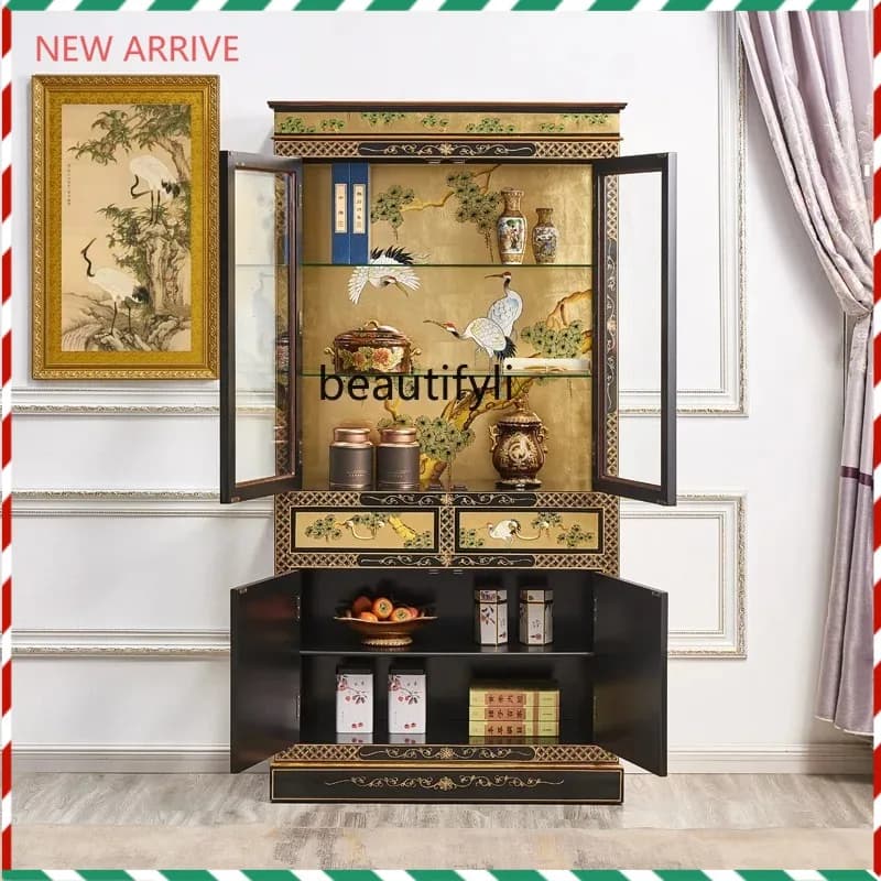D2520 Luxurious Gold Leaf Bookcase with Light Solid Wood Glass Display Cabinet Songhe Yannian Chinese Style Painted Furniture