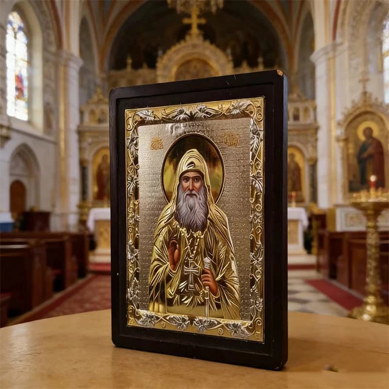 Premium Framed Orthodox Saint Religious Icon Gilded Embossed Holy Portrait Artwork Vintage Sacred Wall Table Decor