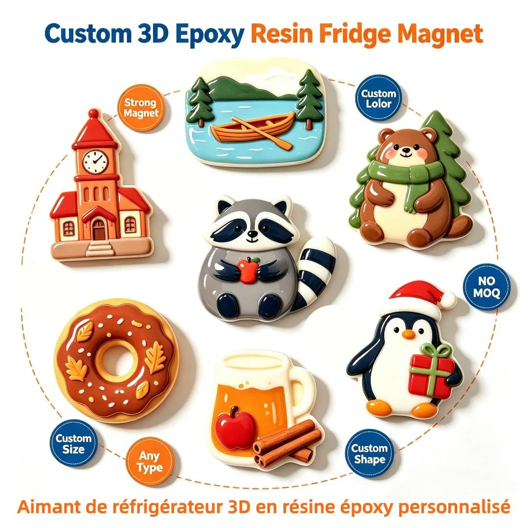 Wholesale Custom Epoxy Fridge Magnets 3D Embossed Epoxy Resin Refrigerator Sticker Colorful Decor Magnets for Kitchen Whiteboard
