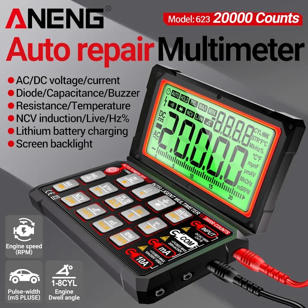 Auto Repair Multimeter Digital ANENG 623 Engine Speed Angle AC/DC Voltage Current Tester Car Pulse Width Ohm Diode Test Tools