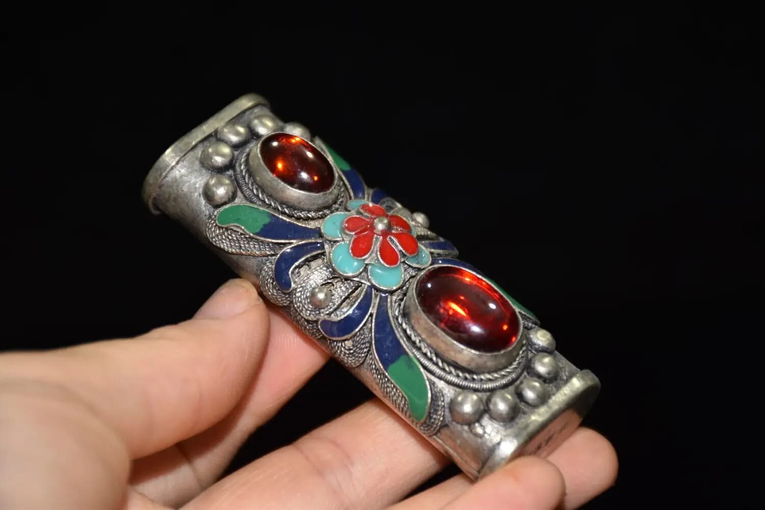Ornament White Copper Cloisonne Inlaid Ruby Lighter Case