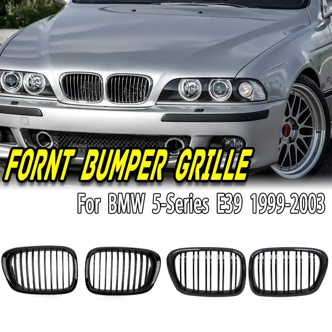 Front Grille For BMW E39 1997-2003 525i 528i 530i M5, Gloss Black Dual Line Racing Kidney Grills, Hood Bumper Replacement