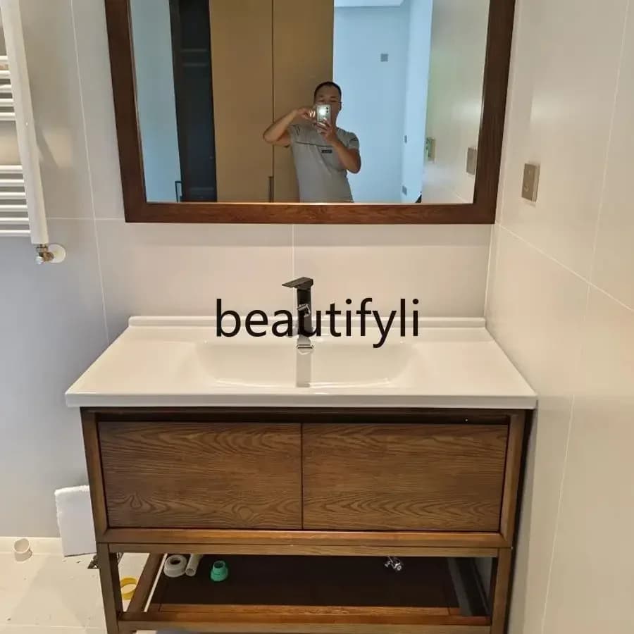 yj57 American solid wood bathroom cabinet combination floor-to-ceiling rock slab ceramic integrated basin toilet washbasin