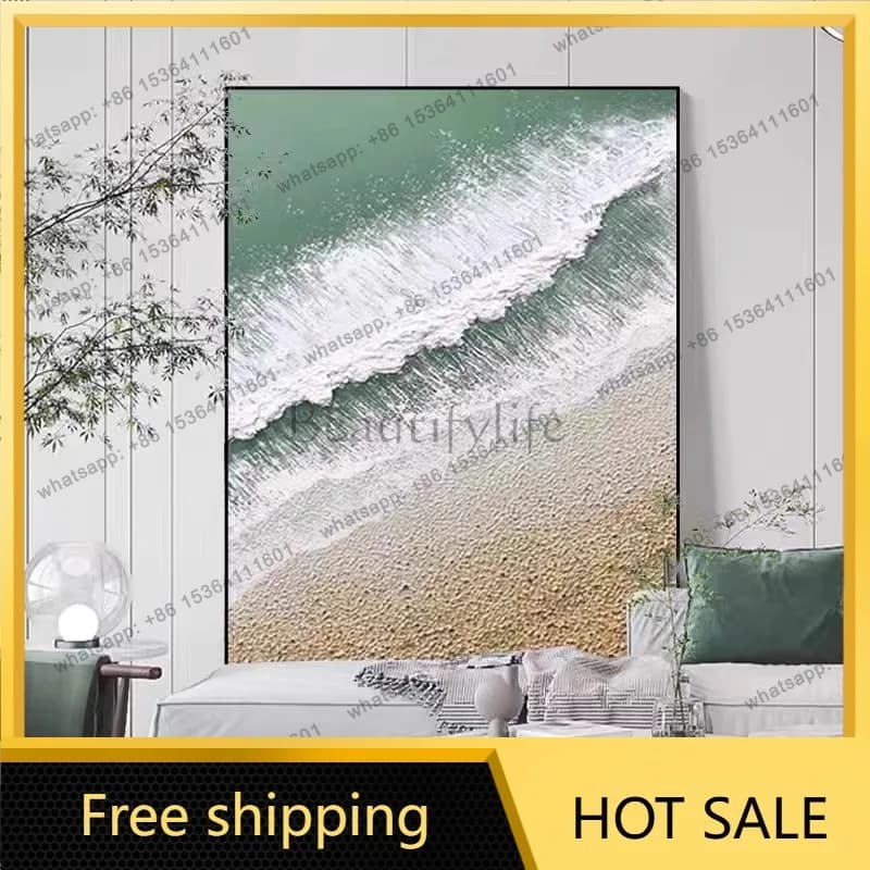 LJY Cream Wind Hand Painted Oil Painting Ocean Waves Living Room Sofa Back Decoration Painting