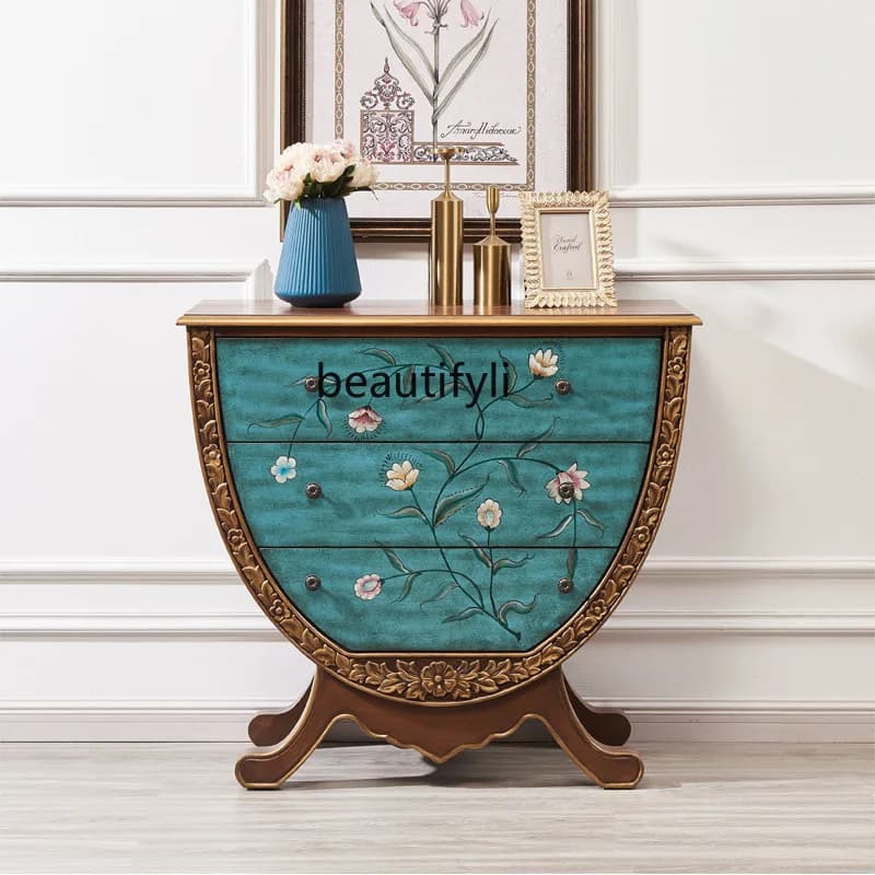 European Style Entrance Cabinet Chest of Drawers Painted Solid Wood Decorative Storage Hallway Cabinet Vintage Furniture