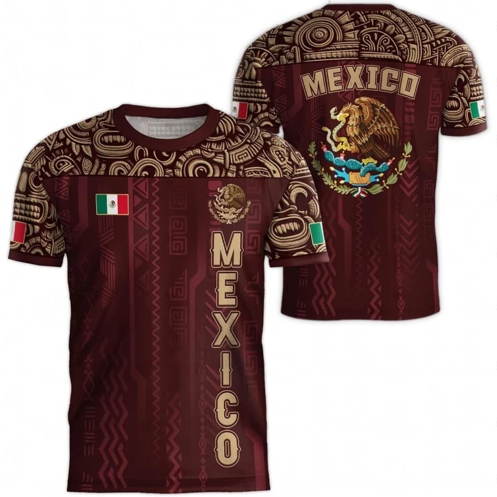 Men's T-shirt featuring a print of the Mexican flag, a fun 3D eagle design, short sleeves, outdoor sports, soccer, casual, beach
