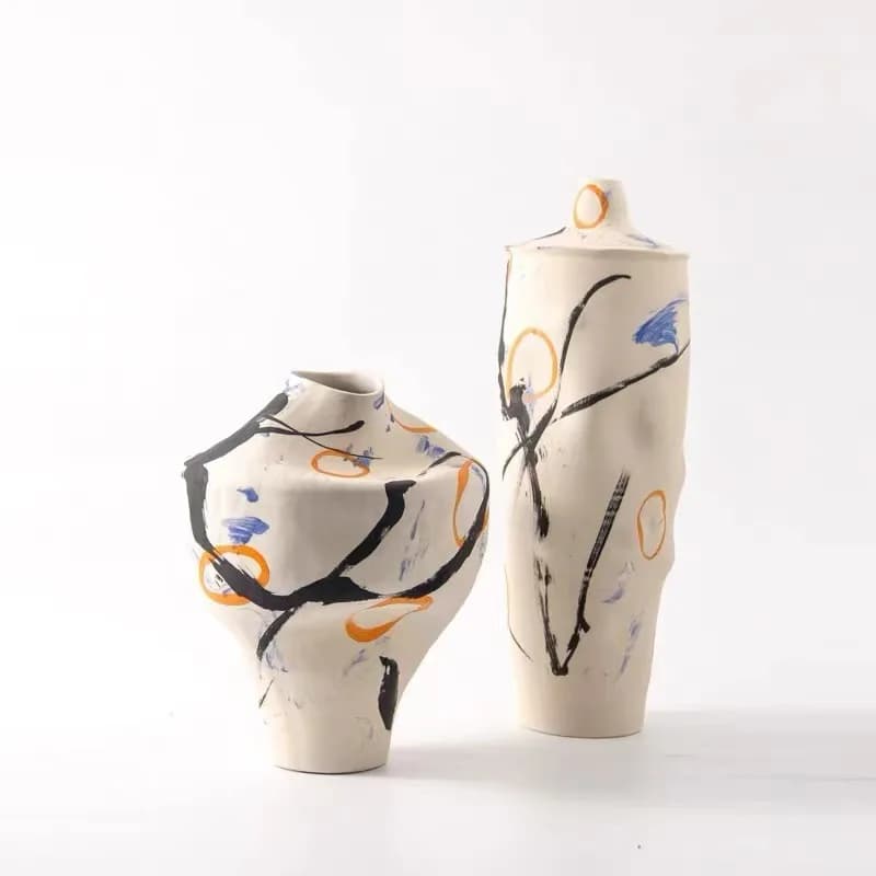 Modern Minimalist Abstract Hand‑Painted Ceramic Vase New Chinese Style Ornament for Study Hotel Showroom Home Soft Decor
