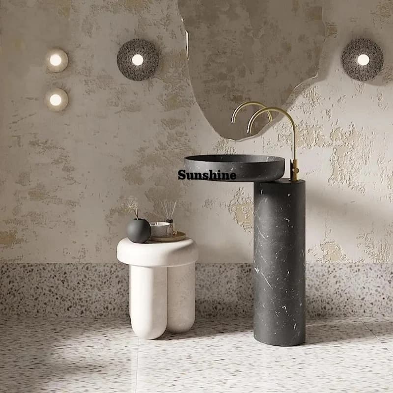 Handcarved Vintage Marble Pedestal Sink: Antique Freestanding Basin for Luxury Villa Balconies & Boutique Resorts -Weatherproof