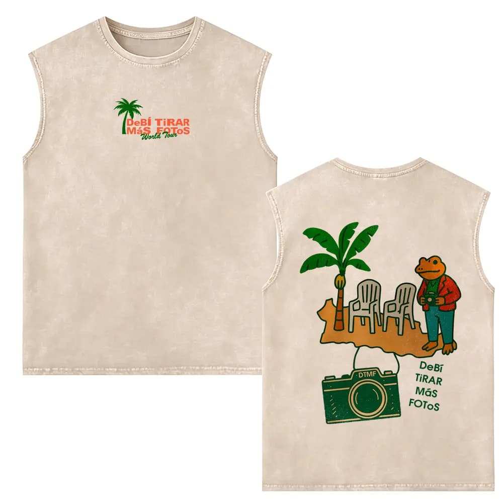 Rapper Bad Bunny Washed Sleeveless Vest T Shirts Debi Tirar Mas Fotos DTMF 2026 T-Shirt Men Women Hip Hop Oversized Tank Tops