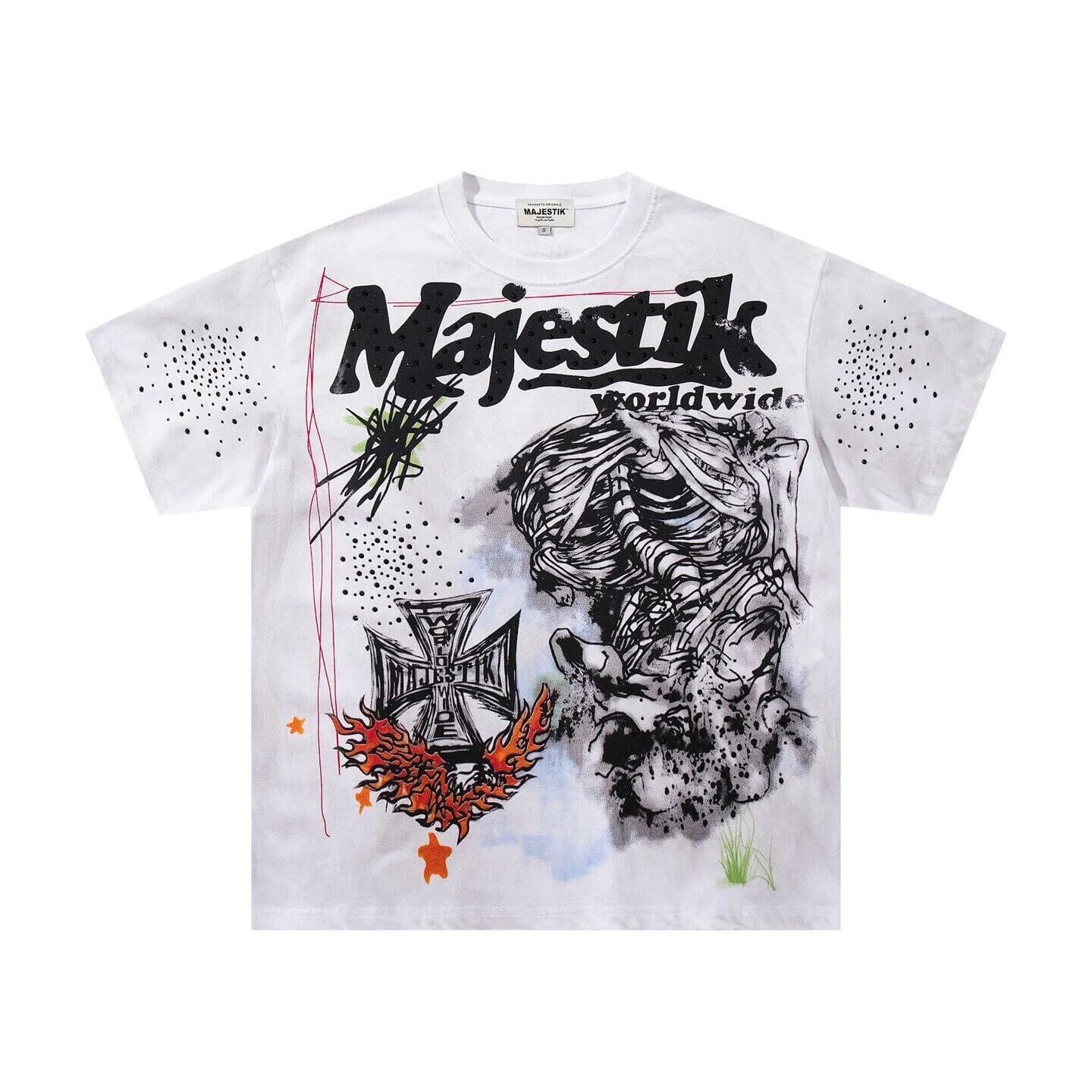 MAJESTIK Vintage Retro Print Short-Sleeve T-Shirt - Men's and Women's High Street Heavy-Duty Stamped Diamond Casual Trendy Brand
