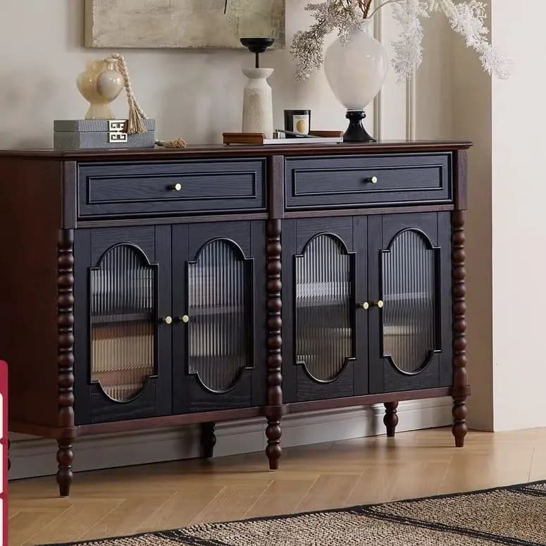 YFY French solid wood dining side cabinet, household small apartment glass door entrance storage  , living room retro wine