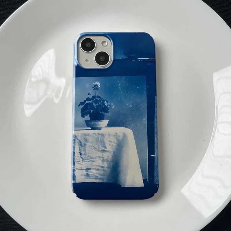 Ins Korean Blue Art Vase Fabric Phone Case for IPhone 16E 15 14 13 12 11 Pro Max XS XR XSMax 7 8 Plus Glossy Film Hard PC Cover