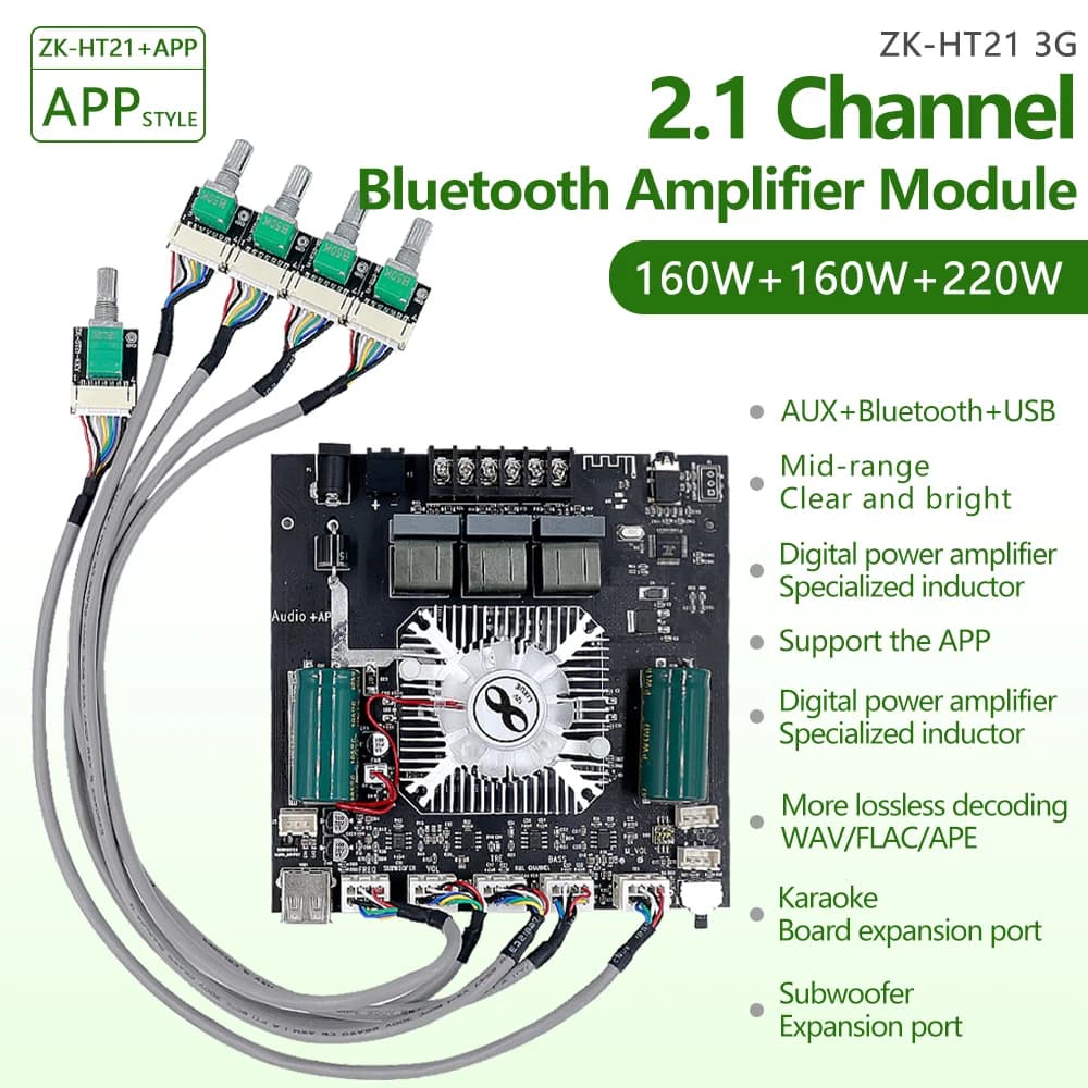 2.1 Channel BT5.0 Amplifier Board DC15-36V TDA7498E 160Wx2+220W High Power Subwoofer Amplifier Board with Lead-out Potentiometer
