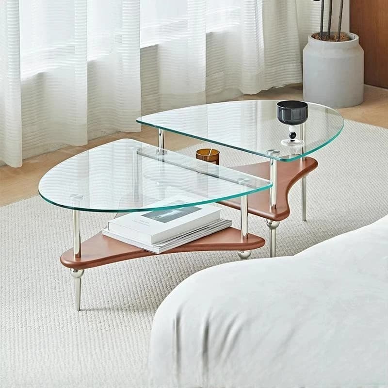 Living room saddle combination glass coffee table oval coffee table solid wood stainless steel