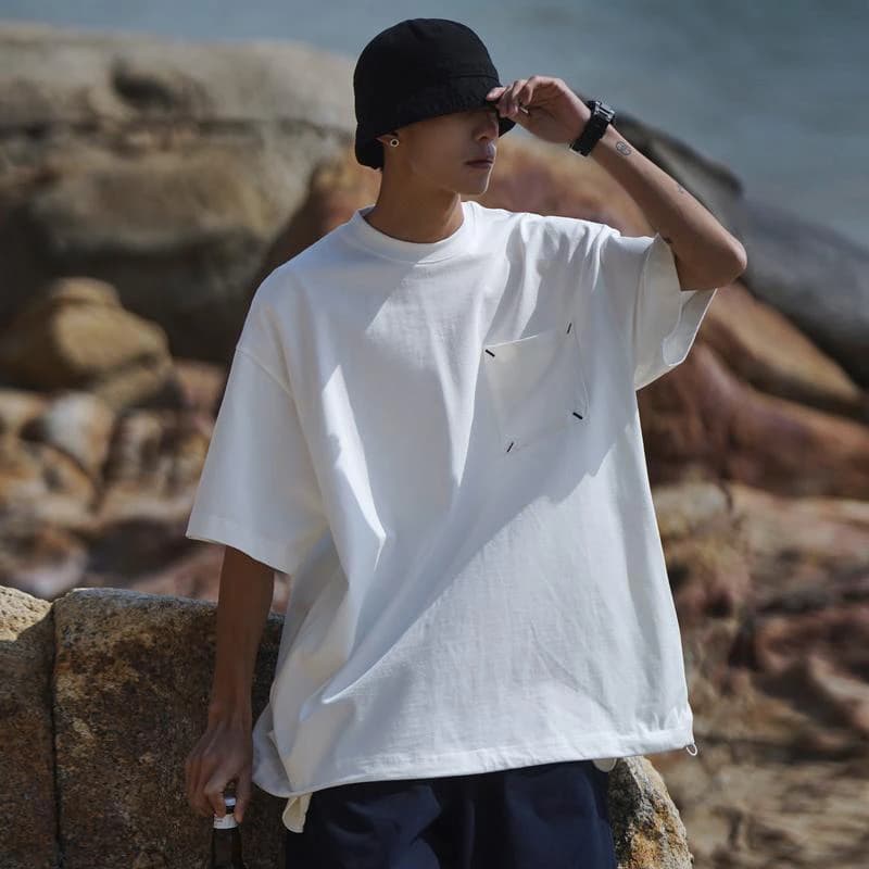 Summer Vintage Cotton Pocket Short Sleeve O Neck Men T Shirts Japan Style Fashion Simple Harajuku 2xl Oversized Clothing White